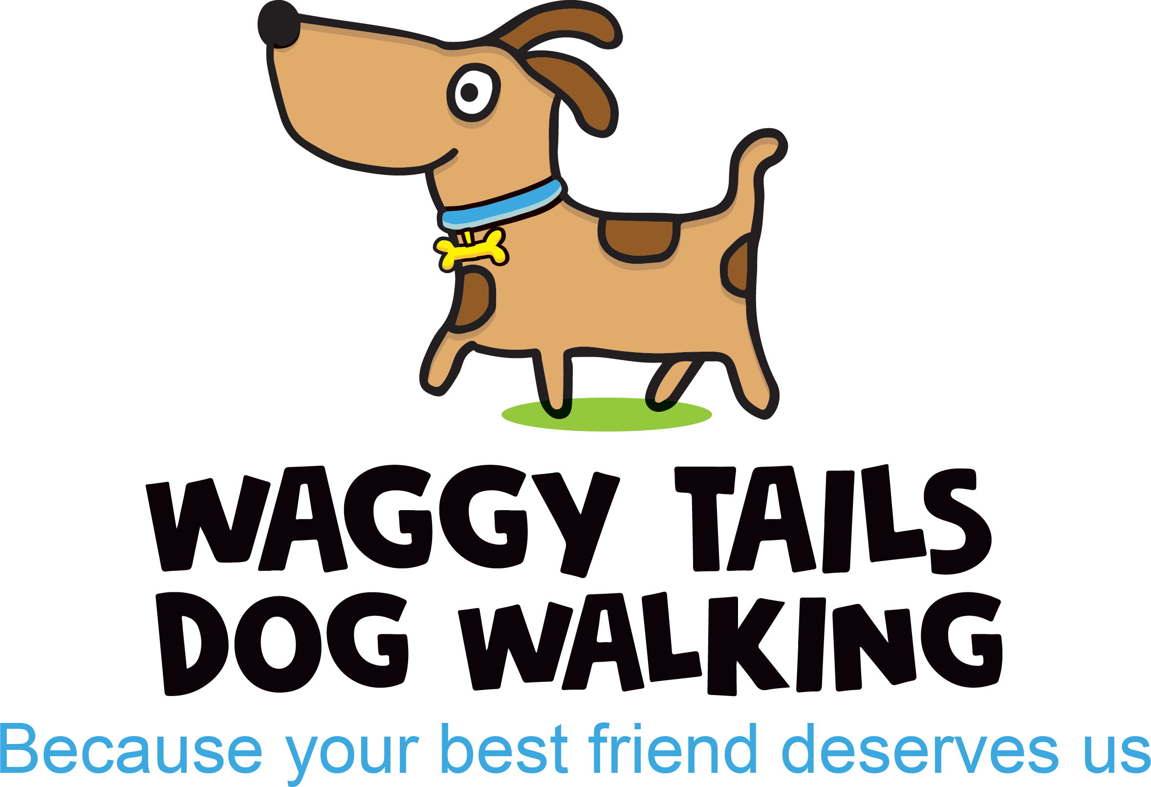 Dog walker in Dorchester. A happy cartoon dog walking over a sign that says waggy tails dog walking